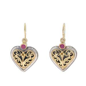 Konstantino Ruby Heart Scrollwork Drop Earrings 925 18k Round .30ctw Pierced